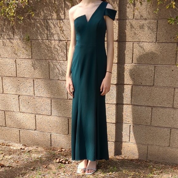 Green Asymmetrical Ruched Gown for Wedding Guest - Picture 1 of 6